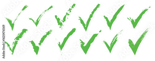 Green check mark icon set, click and right. Tick symbol in green color. Hand drawn checkmark illustration. Vector illustration