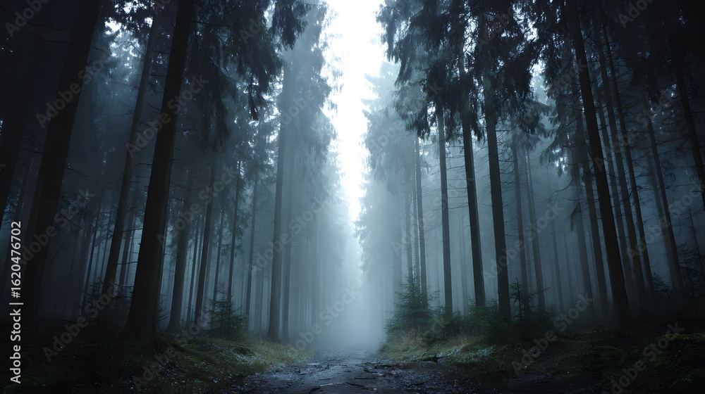 Fototapeta premium Misty path through a dark, dense forest.
