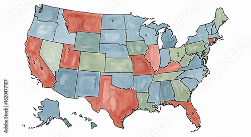 Artistic watercolor illustration of a United States map showing a political divide with red and blue states