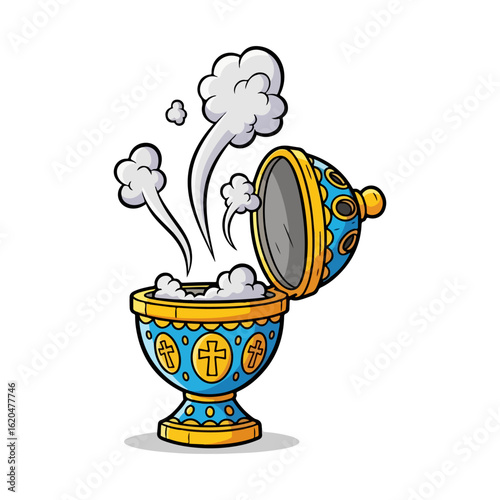 Cartoon of a Catholic incense burner, lid open with smoke rising. Vector flat design cartoon. AI generated images.