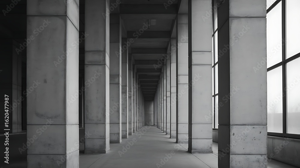 Obraz premium Monochromatic architectural perspective of a long corridor with concrete pillars