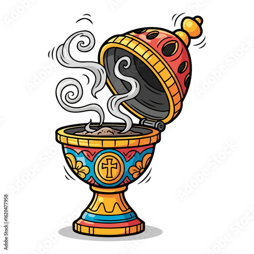 Cartoon of a Catholic incense burner, lid open with smoke rising. Vector flat design cartoon. AI generated images.