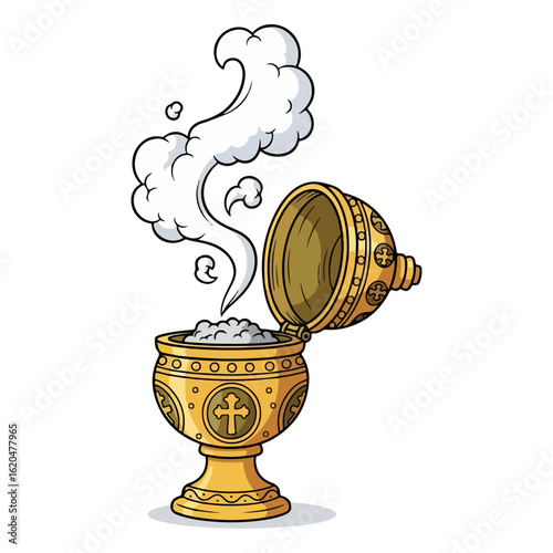 Cartoon of a Catholic incense burner, lid open with smoke rising. Vector flat design cartoon. AI generated images.