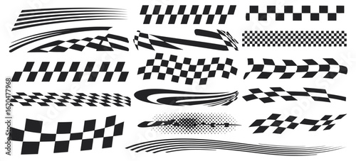 Racing stripe vector set with race car designs, checkered flags, dynamic speed lines, decal patterns, automotive graphics, and black and white motorsport finish line elements

