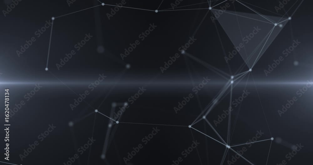 Abstract dark background with plexus lines and glowing nodes forming a digital network. dots and triangles, digital technology, big data, high-speed connection visualization. Seamless loop