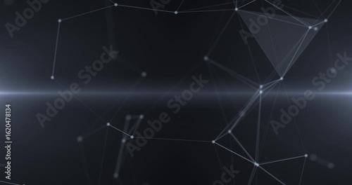 Abstract dark background with plexus lines and glowing nodes forming a digital network. dots and triangles, digital technology, big data, high-speed connection visualization. Seamless loop