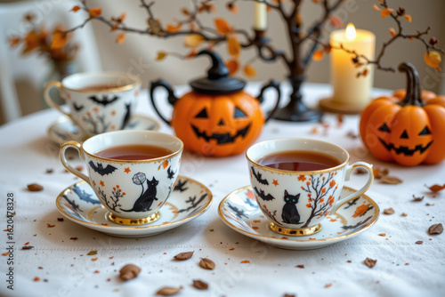 Elegant Halloween Themed Tea Party with Delicate Teacups and Decor
