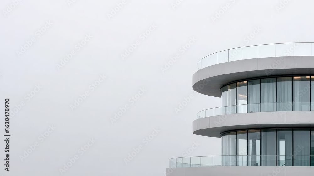 Obraz premium Minimalist modern architecture with curved balconies and glass facade against a clear sky, showcasing contemporary design and urban elegance.