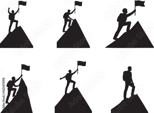 Mountain Climber Silhouettes with Flags | Hiking Achievement Vector Set