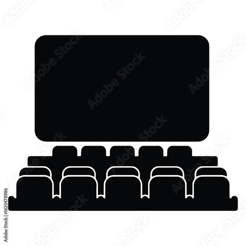 Simple silhouette of a movie theater with screen and rows of seating isolated on white