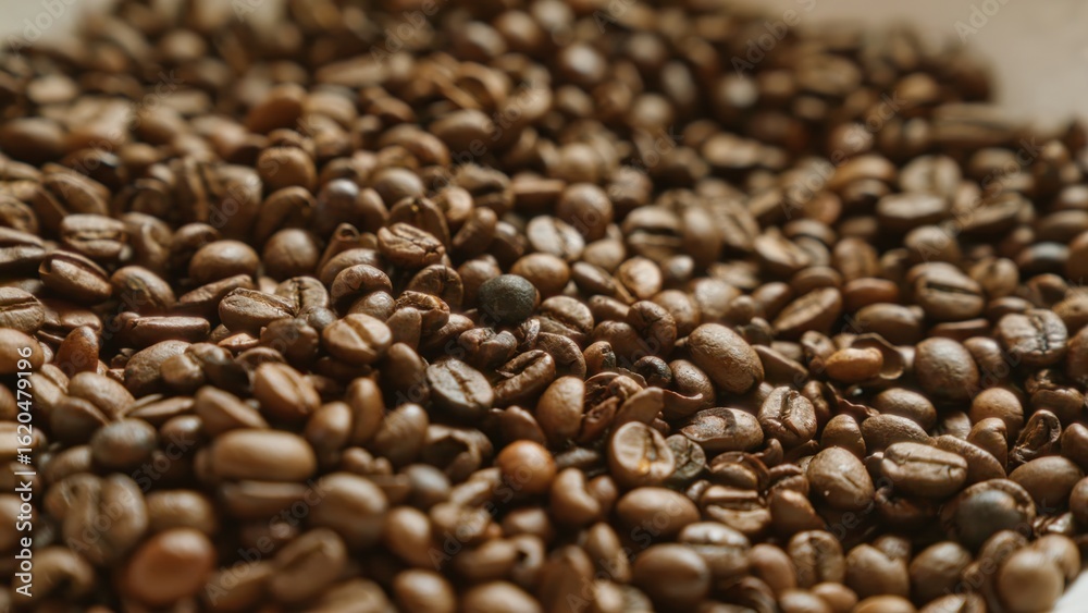 Fototapeta premium Closeup of roasted coffee beans showcasing rich brown textures and aromatic quality in a background suggesting freshly brewed beverages