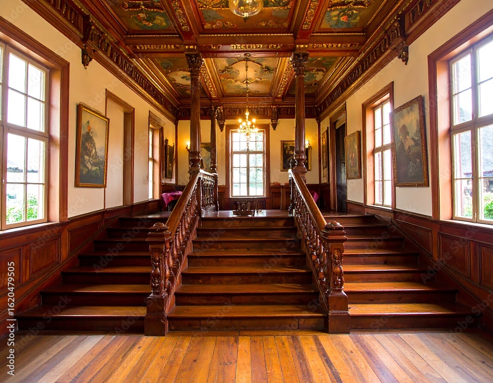 Obraz premium Grand wooden staircase in a historical building