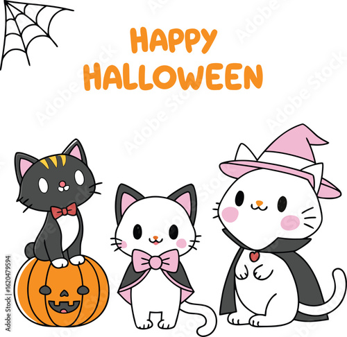 Cute Halloween Animals Cartoon Set - Kawaii Cat in Skeleton Costume, Pumpkin, and Friends Vector Illustration