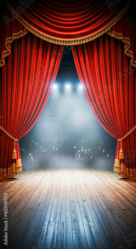 Theater Stage with Red Curtains and Spotlights