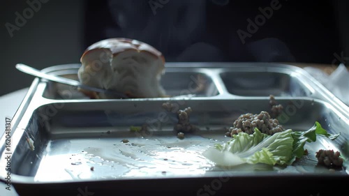 Depressing Stainless Steel Food Tray with Bread and Lettuce in a Jail