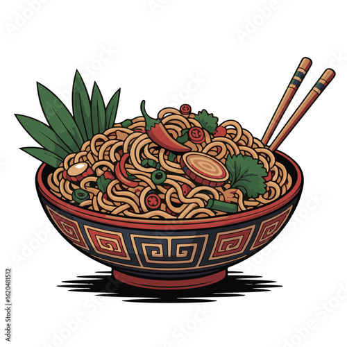 Asian Noodle Bowl Silhouette – Decorative Chopsticks & Ingredients Graphic