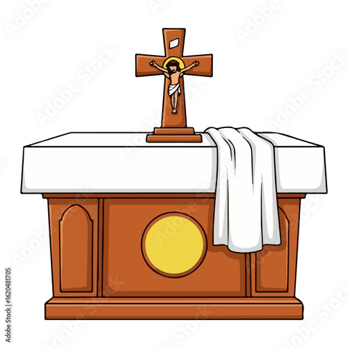 Catholic altar vector, with small cross and white cloth. Vector flat design cartoon. AI generated images.