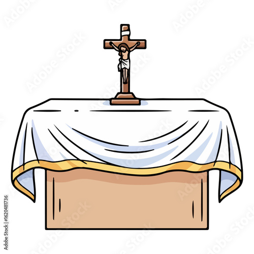 Catholic altar vector, with small cross and white cloth. Vector flat design cartoon. AI generated images.