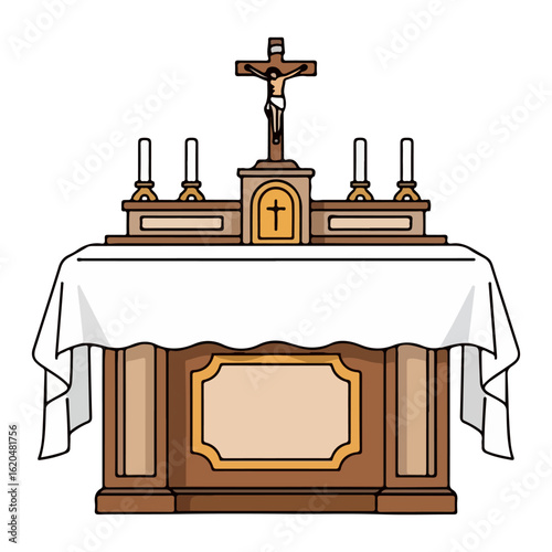 Catholic altar vector, with small cross and white cloth. Vector flat design cartoon. AI generated images.