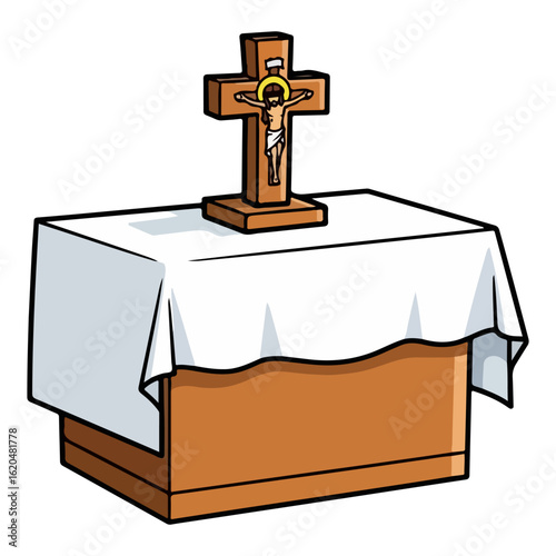 Catholic altar vector, with small cross and white cloth. Vector flat design cartoon. AI generated images.