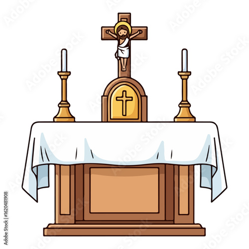Catholic altar vector, with small cross and white cloth. Vector flat design cartoon. AI generated images.