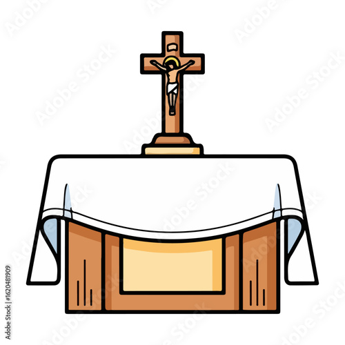 Catholic altar vector, with small cross and white cloth. Vector flat design cartoon. AI generated images.