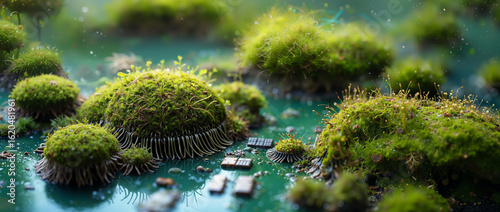Microworlds crafted from microchips featuring lush greenery and miniature landscapes