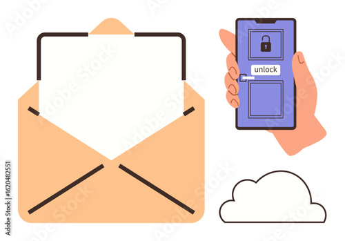 Open envelope, mobile phone with unlock option, lock icon, and cloud. Ideal for email security, cloud storage, mobile access, privacy technology communication and encryption themes. Simple flat