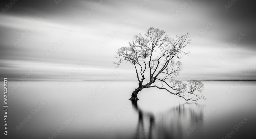 Obraz premium Lone Gnarled Tree Stands in Calm Water Under Cloudy Sky and White nature