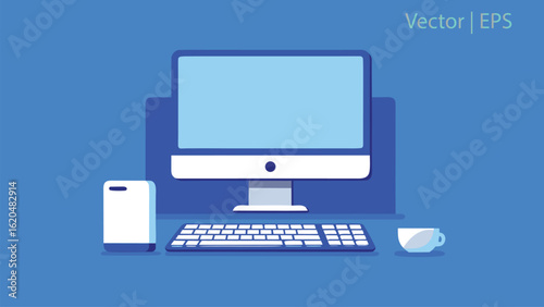 Flat illustration of a desktop computer keyboard smartphone and coffee cup mouse