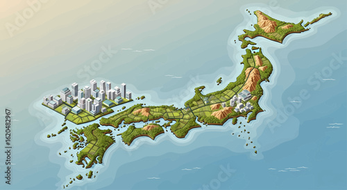 A stylized illustrative map of Japan showcasing the contrast between dense urban cityscapes and the country's natural mountainous terrain.