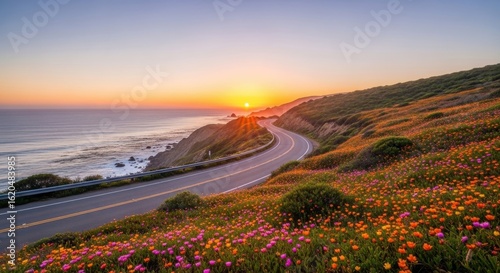 Fototapeta Naklejka Na Ścianę i Meble -  Winding coastal road with vibrant wildflowers at sunrise ocean sunset