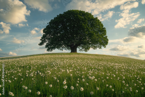 Wallpaper Mural A large tree stands in a field of grass with many white flowers Torontodigital.ca