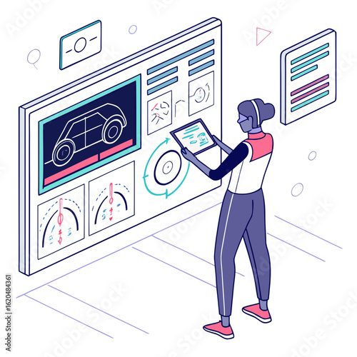 Vector art of woman using tablet to design car on large screen isolated on white background