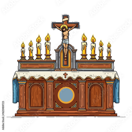 Vector altar for Catholic mass, there are candles on both sides and a cross Jesus in the middle. Vector flat design cartoon. AI generated images.