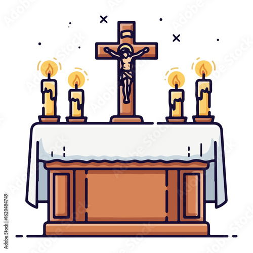 Vector altar for Catholic mass, there are candles on both sides and a cross Jesus in the middle. Vector flat design cartoon. AI generated images.
