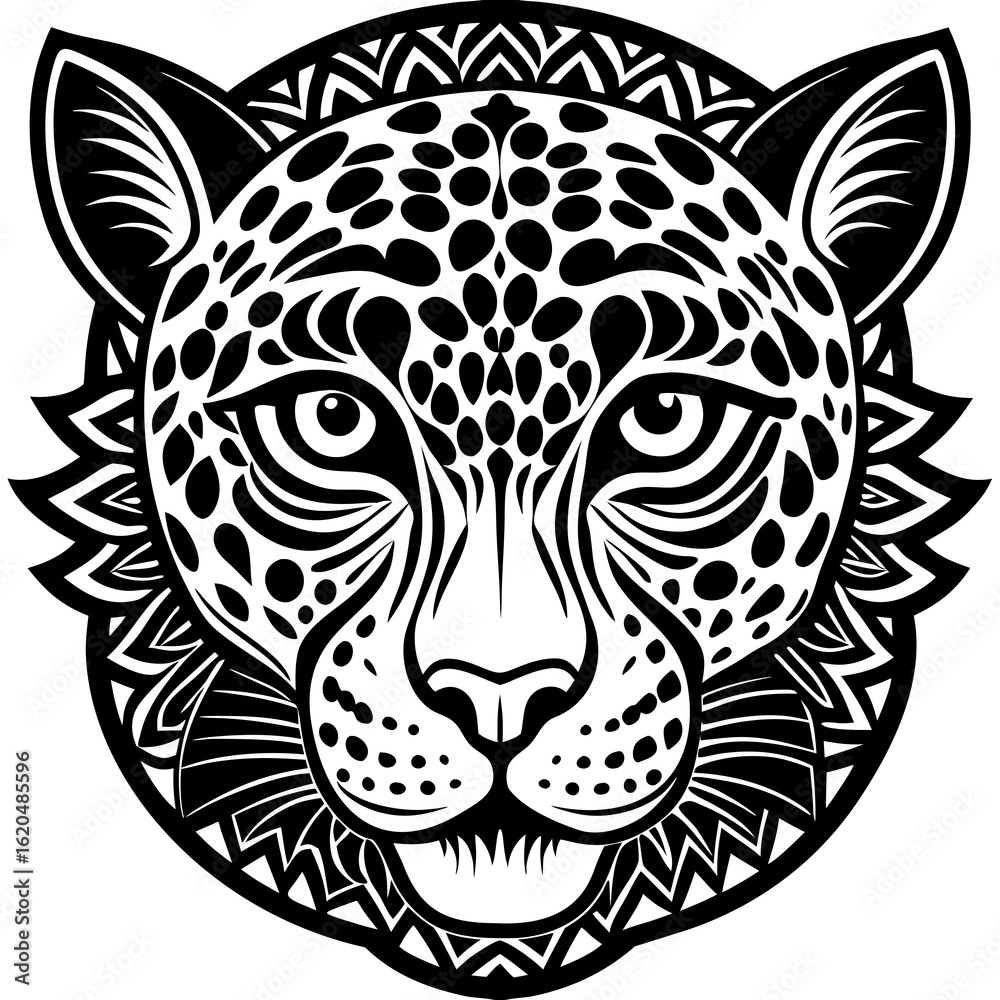 Obraz premium Intricate black and white tribal tattoo style leopard face with mandala elements and fierce expression