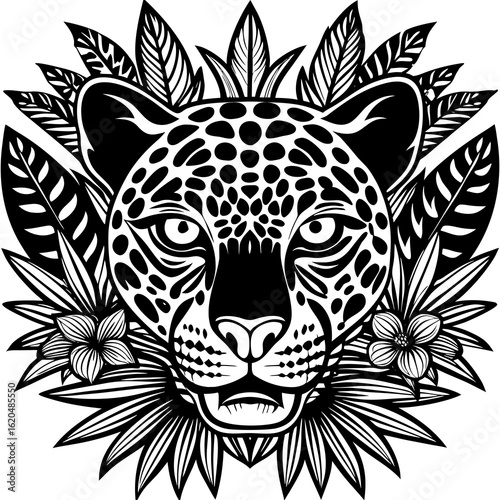 Stylized black and white jaguar head adorned with tropical leaves and flowers in a bold graphic design