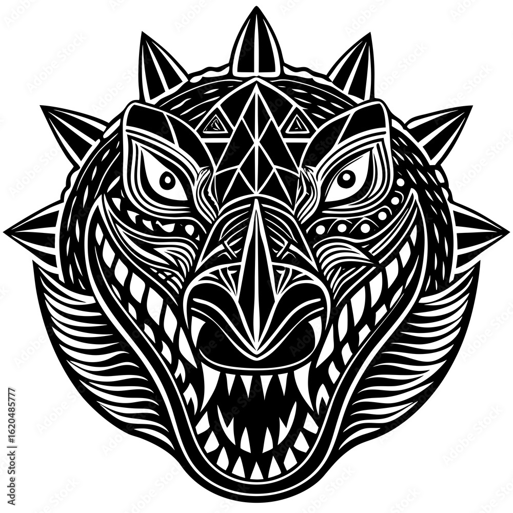 Obraz premium Intricate black and white tribal dragon head with sharp teeth and spiked mane symbolizing power and ferocity