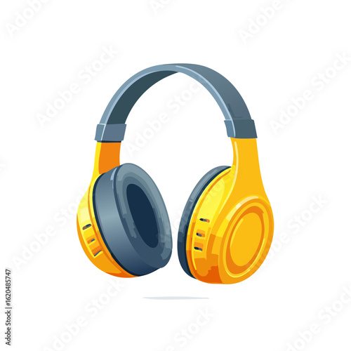 Cartoon yellow headphones with grey padding for music listening and enjoyment on a black background. Audio equipment icon