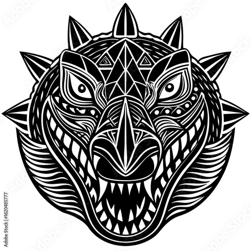 Intricate black and white tribal dragon head with sharp teeth and spiked mane symbolizing power and ferocity