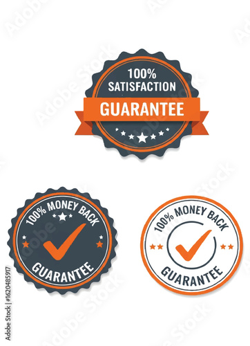 Set of 100% satisfaction and money back guarantee badges and seals isolated on white background
