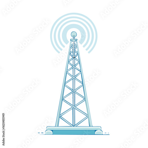 Illustration of a Communication Tower Transmitting Signals Cartoon Communication Technology Isolated on Black Background