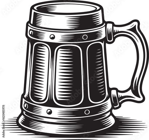 Pirate Ale Tankard Vector  Side View Black Outline with Halftone Grunge Texture