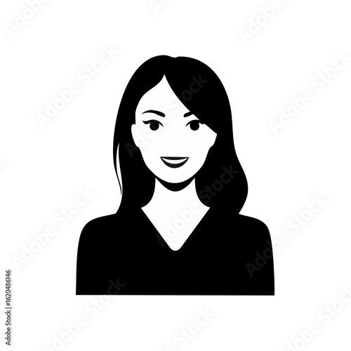 Minimalist portrait of a smiling woman in black and white modern graphic design flat vector style elegant feminine