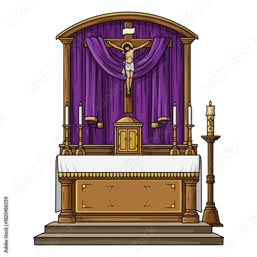 Vector Catholic altar for Ash Wednesday, purple cloth covering the cross. Vector flat design cartoon. AI generated images.