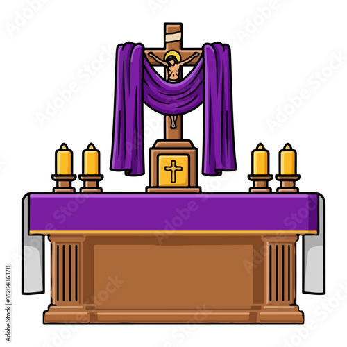 Vector Catholic altar for Ash Wednesday, purple cloth covering the cross. Vector flat design cartoon. AI generated images.