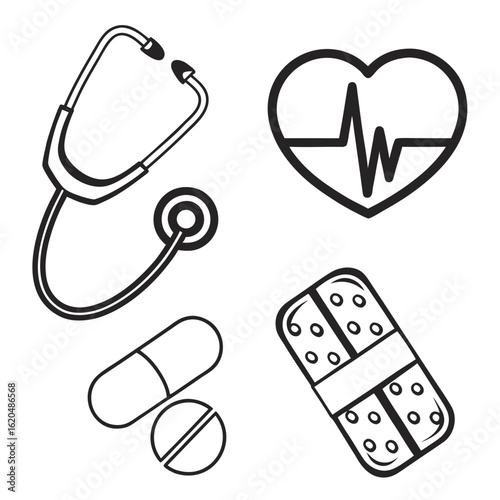Vector art of medical icons set with stethoscope, heart, pills and bandage isolated on white background