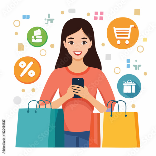 Frau mit Smartphone und Einkaufstüten