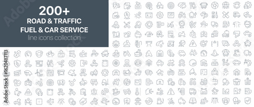 Road and traffic, car service and fuel icons representing vehicles, mechanics, repair tools, fuel stations, traffic elements, and transportation